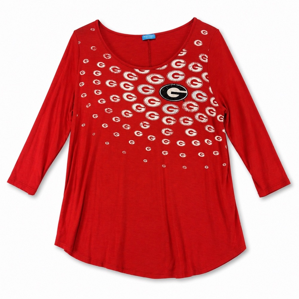 Georgia Bulldogs Top Womens L Red Rhinestone UGA 3/4 Sleeve Tunic Tailgate USA